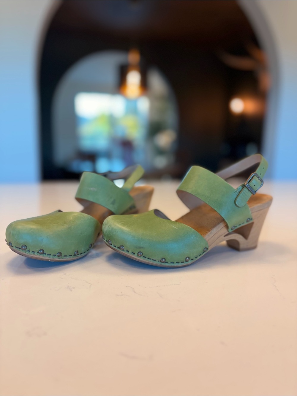 Dansko Green Leather Mary Jane Clogs with Adjustable Back Strap